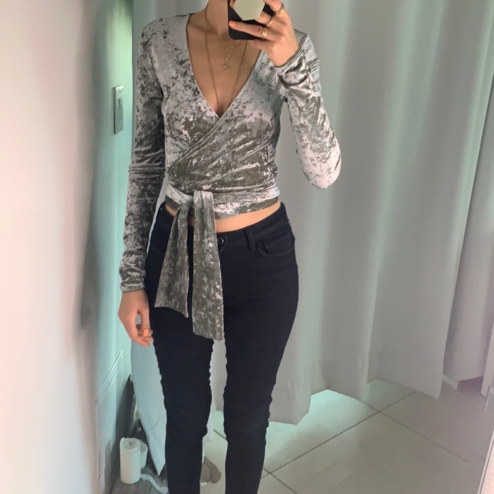Crushed Velvet Wrap Top w/ Sleeves